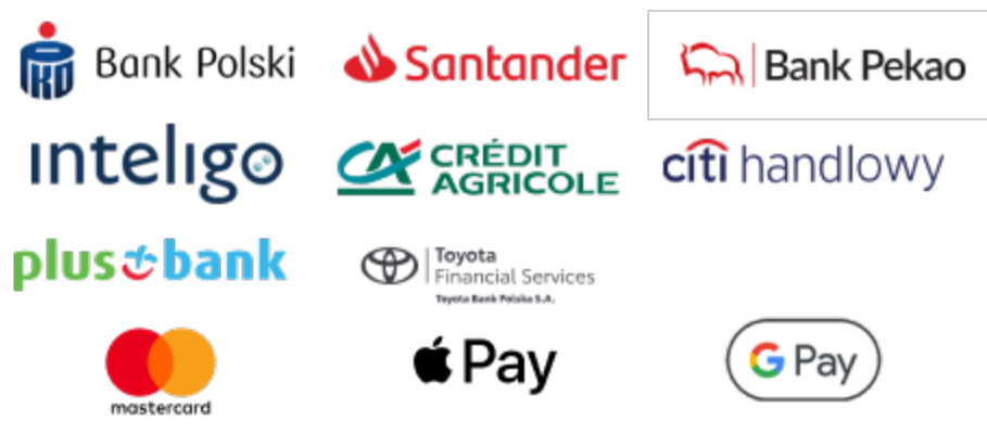 Logotypy instytucji finansowych i metod płatności: PKO Bank Polski, Santander, Bank Pekao, Inteligo, Crédit Agricole, Citi Handlowy, Plus Bank, Toyota Bank, Mastercard, Apple Pay oraz Google Pay.