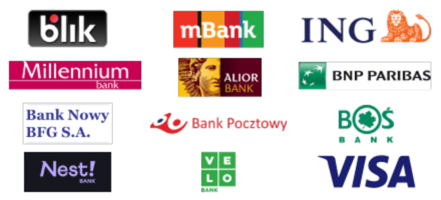 Zestawienie logotypów banków i systemów płatniczych: Blik, mBank, ING, Millennium, Alior Bank, BNP Paribas, Bank Nowy, Bank Pocztowy, BOŚ Bank, Nest Bank, Velo Bank oraz Visa.