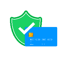 Ikona zielonej tarczy z białą fajką obok niebieskiej karty płatniczej, symbolizująca bezpieczeństwo transakcji online.