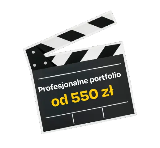 Klaps filmowy z napisem „Profesjonalne portfolio od 550 zł”, informujący o ofercie cenowej sesji.